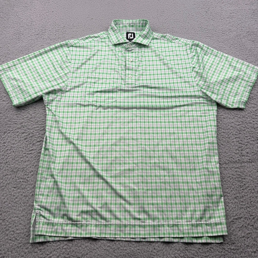 FootJoy Golf Polo Shirt Mens Large Green Gingham Plaid Stretch Pocket